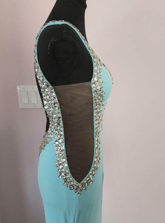 NWT-ONE OF A KIND Jovani Couture Gown Tiffany Blue Slit Dress-Size 4 - Picture 15 of 16